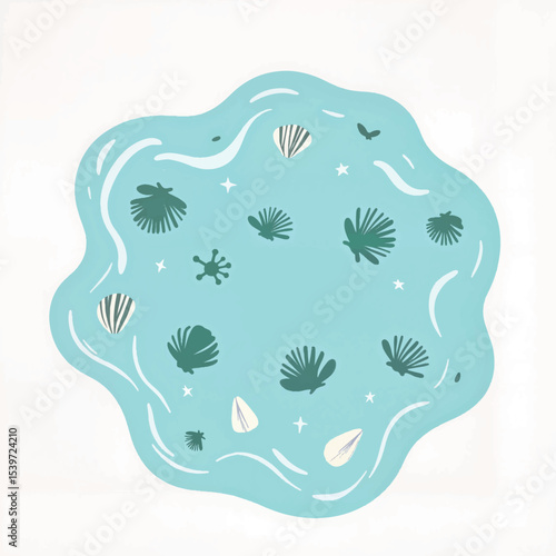 Colorful tide pool illustration with shells on white background, nature art