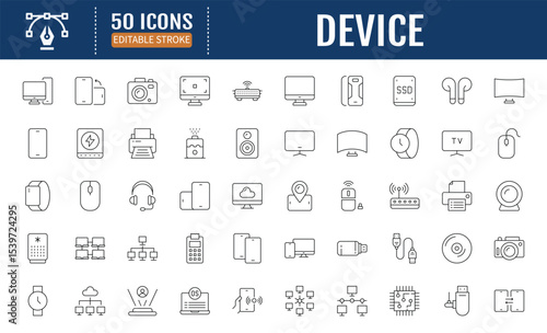 Device line editable icons set. Containing computers,
smart phones, watch, speaker and more. Vector
illustration