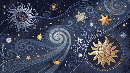 Vector Abstract celestial background with stars, sun motifs, and swirling cosmic patterns in indigo, silver, and gold — with copy space