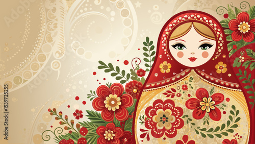 Vector. Festive nesting doll motifs with floral wreaths and red and gold details on bright abstract background — with copy space