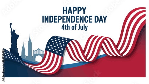 happy independence day 4th of july celebration with american flag ribbon and new york city skyline silhouette on blue background