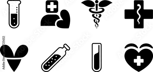 A set of medical themed icons including test tubes and heart shapes on a white background isolated