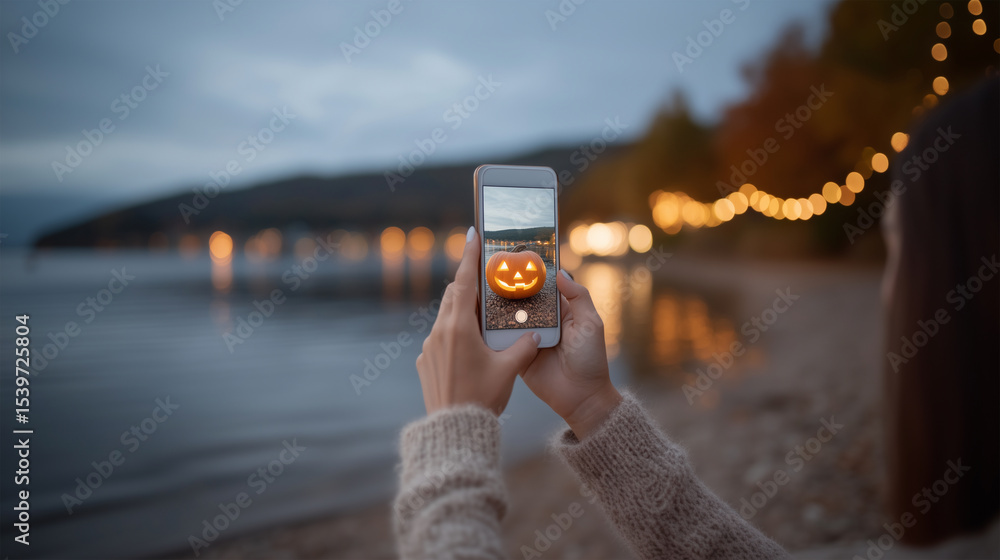 Fototapeta premium Halloween smartphone photography with jack o lantern on mobile screen at evening lakeside