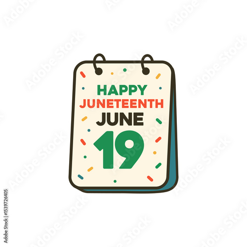 Flat Vector Calendar Design Marking Juneteenth on June 19 with Happy Greeting and Festive Colors, Emancipation Day Reminder Graphic