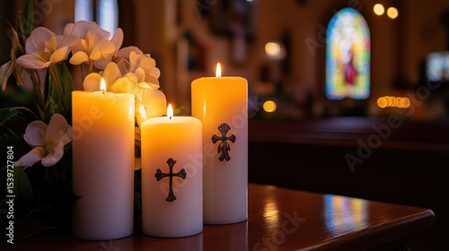 Three lit candles, adorned with crosses, sit on a wooden table in a church.  Soft white flowers add a touch of solemnity