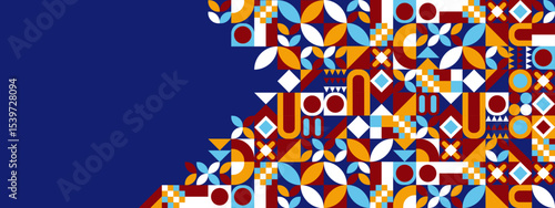 Abstract Geometric Collage with Vivid Colors and Symmetrical Patterns on Blue Background