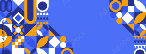 Abstract Geometric Collage with Vivid Colors and Symmetrical Patterns on Blue Background