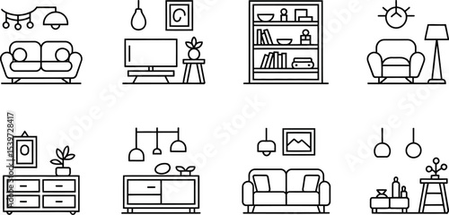 A collection of eight living room furniture icons in a minimalist black and white line art style