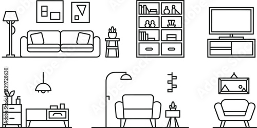 Illustration of living room furniture including sofas chairs and storage in a line art style