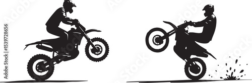 2 Young man on sports motor bike performs tricks silhouette