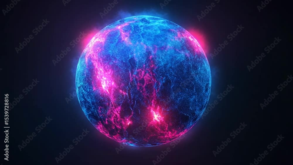A glowing, vibrant sphere, seemingly a planet, with a network of blue and pink energy lines etched across its surface A glowing, vibrant sphere, seemingly a planet, with a network of blue and pink energy lines etched across its surface