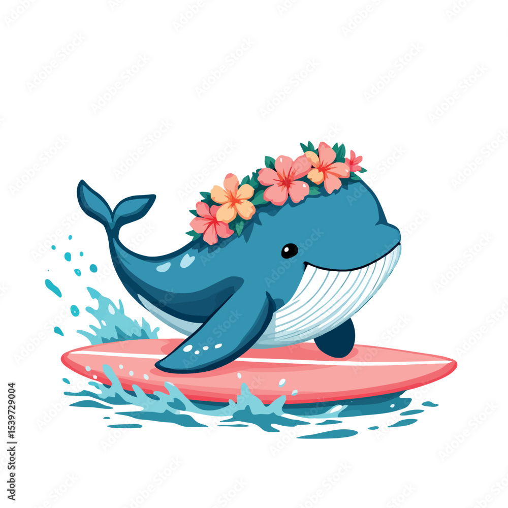 Naklejka premium Vsai cute whale surfing with tropical flower crown, summer vibes