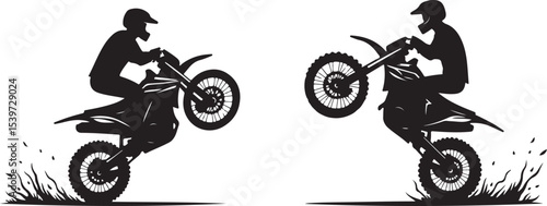 2 Young man on sports motor bike performs tricks silhouette
