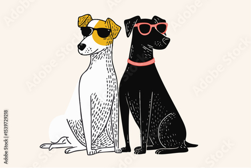 Hand drawn style illustration of cool dogs wearing summer sunglasses