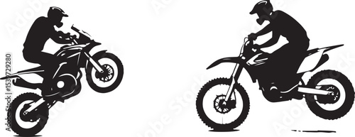 2 Young man on sports motor bike performs tricks silhouette