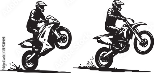 2 Young man on sports motor bike performs tricks silhouette