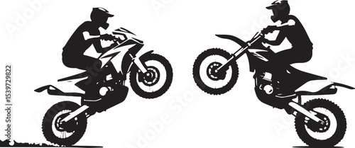 2 Young man on sports motor bike performs tricks silhouette