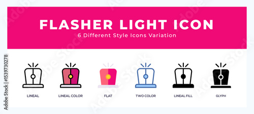 Flasher light icon symbol set. outline. glyph black. flat color and filled line color.