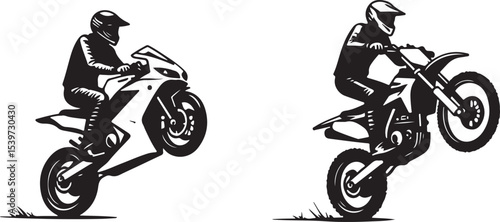 2 Young man on sports motor bike performs tricks silhouette