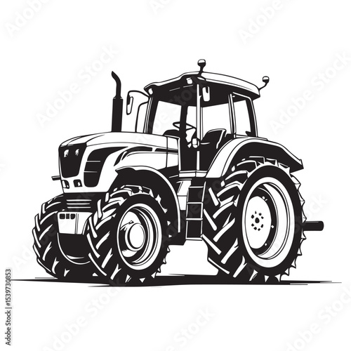 Powerful agricultural tractor black and white illustration