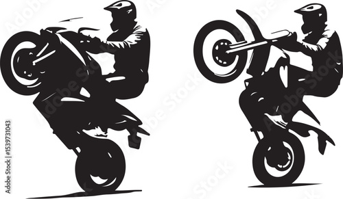 2 Young man on sports motor bike performs tricks silhouette