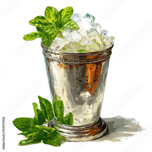 Mint Julep cocktail in metal cup with crushed ice and mint sprig garnish vector isolated on a white background