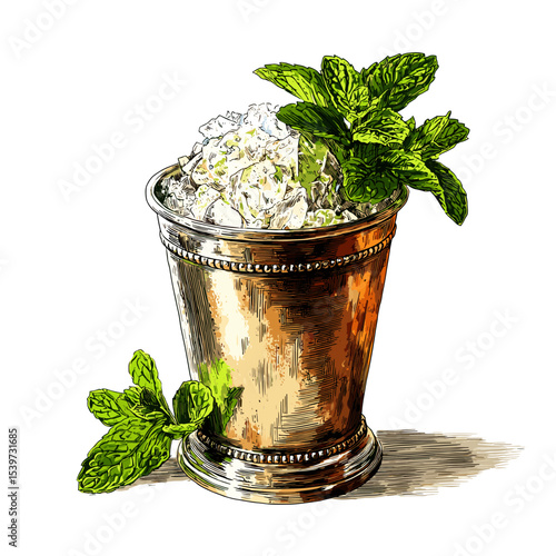 Mint Julep cocktail in metal cup with crushed ice and mint sprig garnish vector isolated on a white background