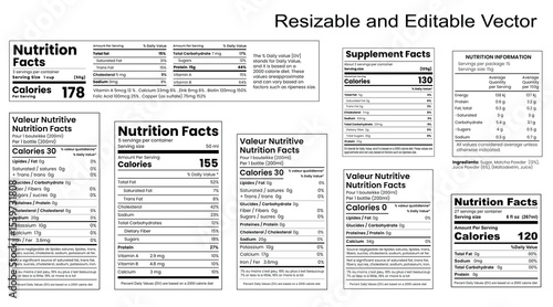 nutrition facts label,supplement facts,vitamin facts ,nutrition fact template vector editable set.
