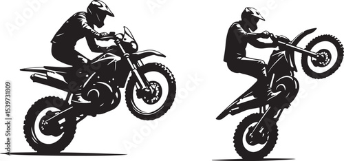 2 Young man on sports motor bike performs tricks silhouette