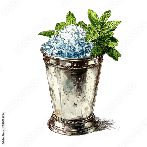 Mint Julep cocktail in metal cup with crushed ice and mint sprig garnish vector isolated on a white background