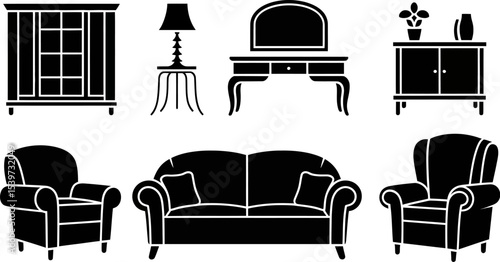 Illustration of various furniture items including sofas chairs tables and cabinets in black and white