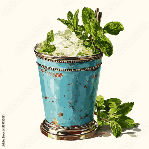 Mint Julep cocktail in metal cup with crushed ice and mint sprig garnish vector isolated on a white background