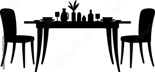 A silhouette of a dining table set for a meal with chairs and decorations on a white background