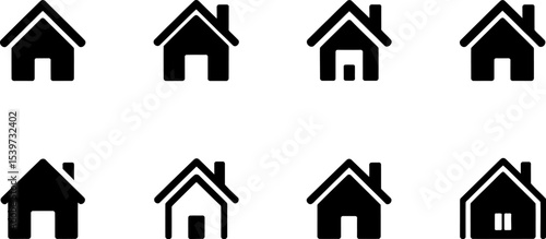 Eight house icons arranged in two rows on a white background featuring various home symbol designs