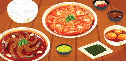 marinated seafood, marinated salmon, marinated shrimp, marinated egg yolk, pickled seafood, asian food, korean food, japanese food, thai food, rice, seaweed, nori, dipping sauce, chili, garlic, spicy,