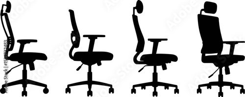 Silhouette illustration showing four office chairs with adjustable headrests in a row on white background