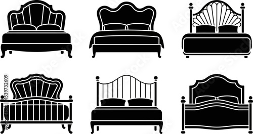 Six different bed silhouettes with headboards and pillows in a vector graphic design style