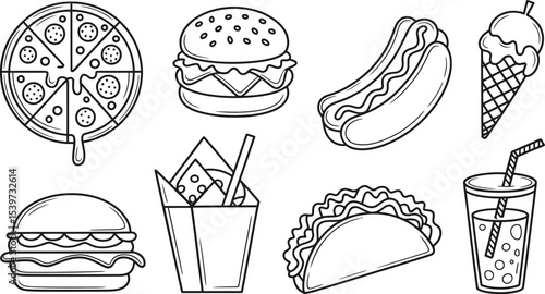 Line art illustration of pizza burger hotdog ice cream taco and drink on a white background