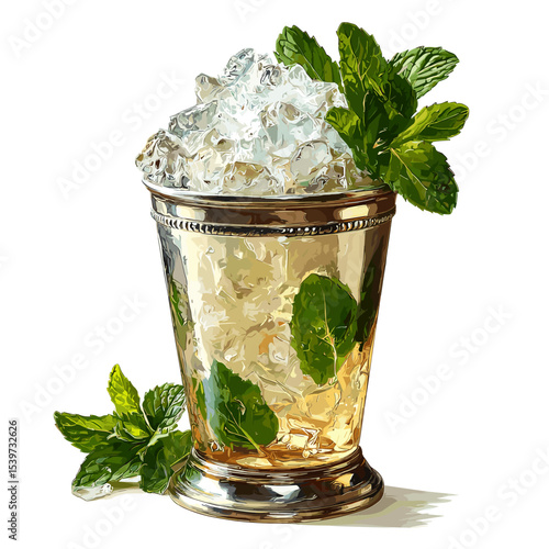 Mint Julep cocktail in metal cup with crushed ice and mint sprig garnish vector isolated on a white background