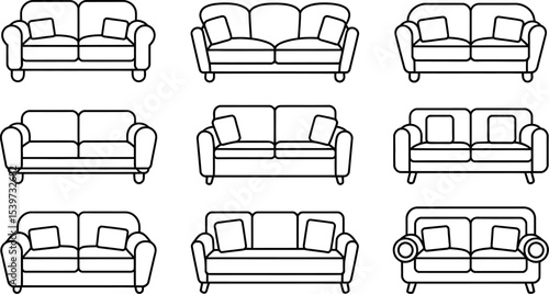 A collection of nine outline sofa illustrations with varying styles and cushion arrangements shown