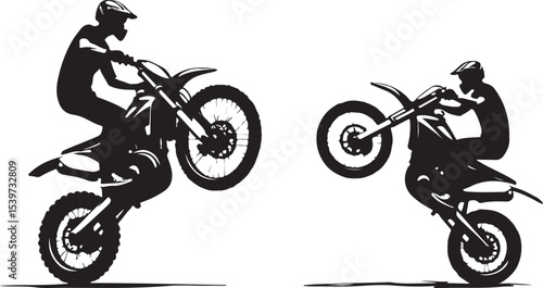 2 Young man on sports motor bike performs tricks silhouette