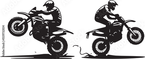 2 Young man on sports motor bike performs tricks silhouette