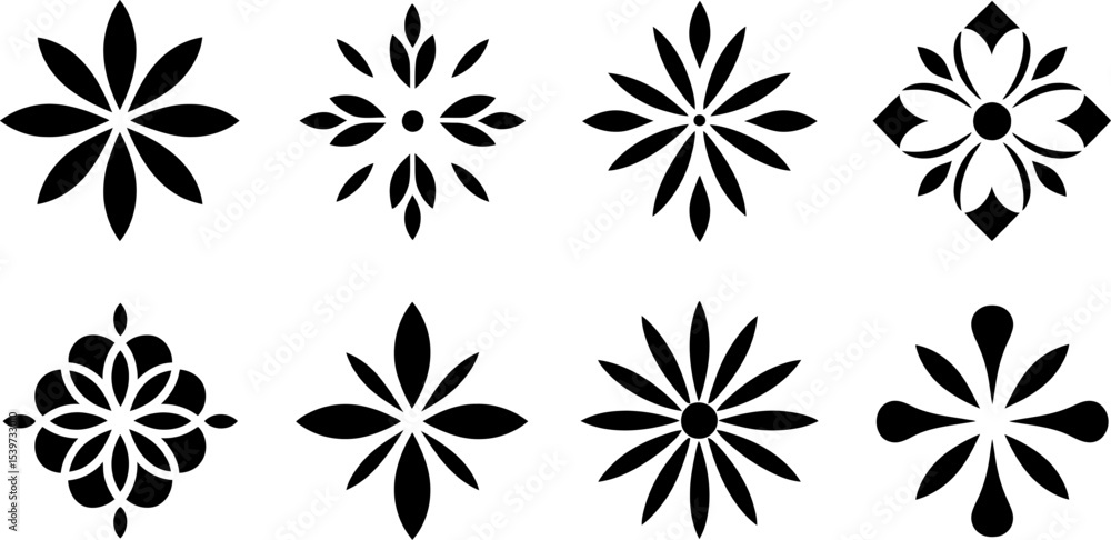 A collection of eight different black floral designs arranged in two rows on a white background A collection of eight different black floral designs arranged in two rows on a white background