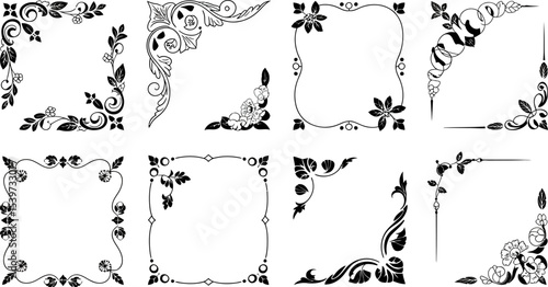 Eight floral corner frames and borders in black and white with different styles and orientations
