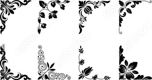A collection of eight black and white floral corner designs on a white background in a square format