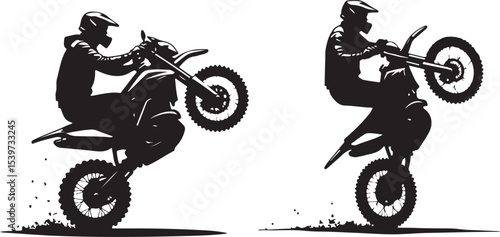 2 Young man on sports motor bike performs tricks silhouette