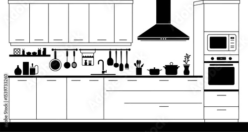 A black and white kitchen with cabinets sink oven microwave and various kitchen utensils displayed