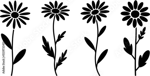 Four black and white daisy flower illustrations with stems and leaves in a row on white background