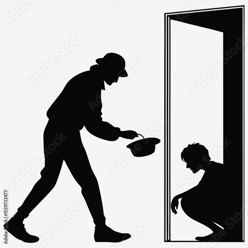 A silhouette of a person begging door to door, holding a bag with a bowed posture image design vector art and illustration