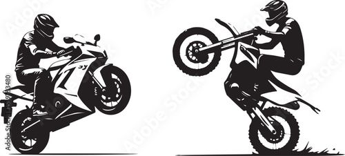 2 Young man on sports motor bike performs tricks silhouette